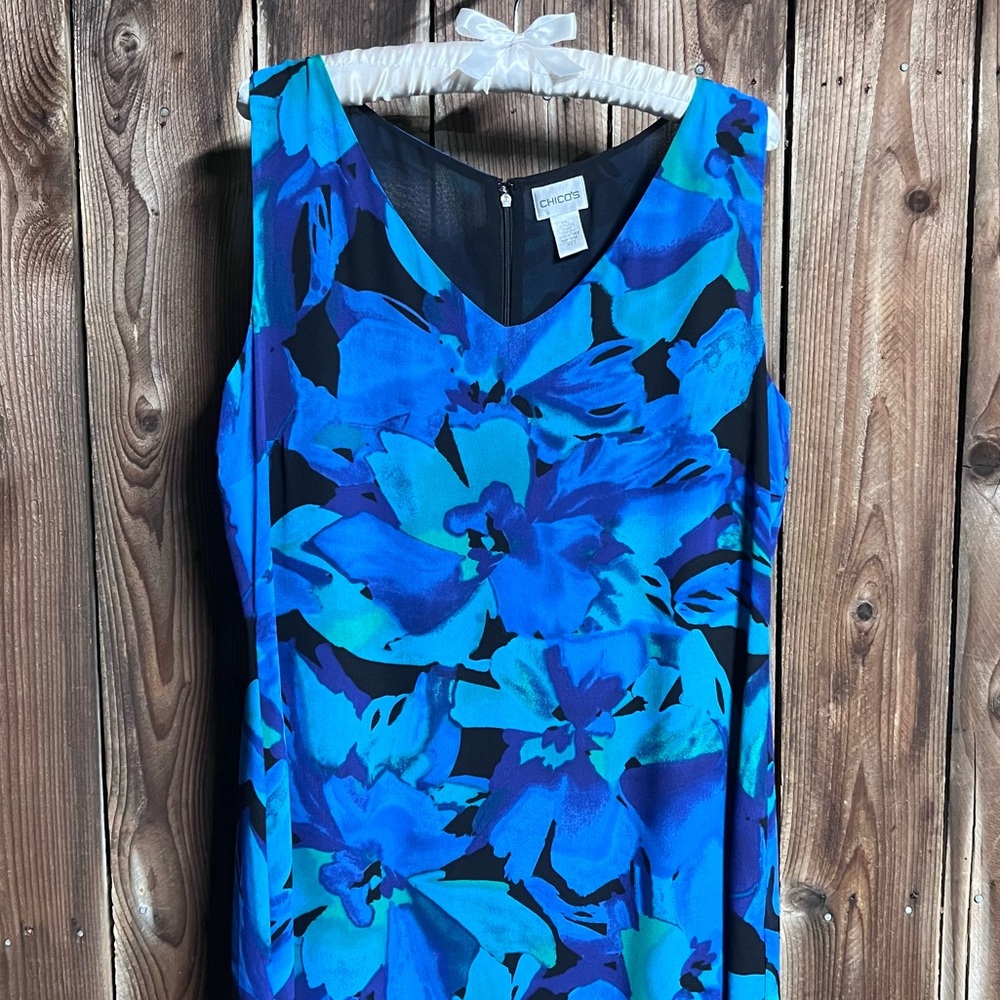 Chicos Sz 2 100% Silk Elegant Watercolor Blue Teal Floral Ruffle Maxi Dress Sz L - Picture 6 of 12